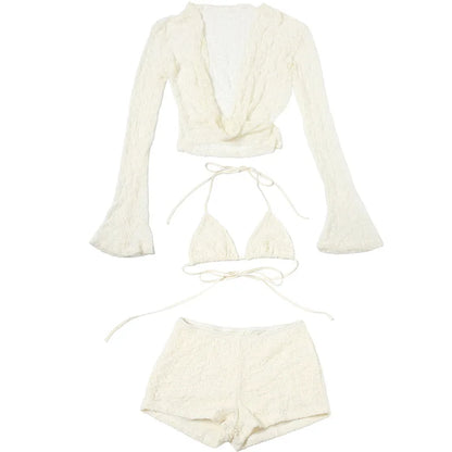 Cryptographic Fashion Halter Draped 3 Piece Sets Beach Outfits Hollow Out Lace Up Bikini Shorts Long Sleeve Co-ords Sets Suits