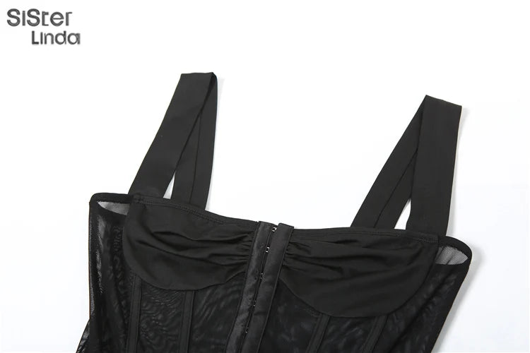Sisterlinda Mesh Patchwork Hipster Jumpsuit Women Sleeveless Single-Breasted Elegant Sexy Midnight Workout Overalls Clubwear2024