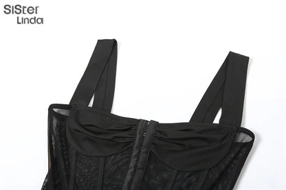 Sisterlinda Mesh Patchwork Hipster Jumpsuit Women Sleeveless Single-Breasted Elegant Sexy Midnight Workout Overalls Clubwear2024