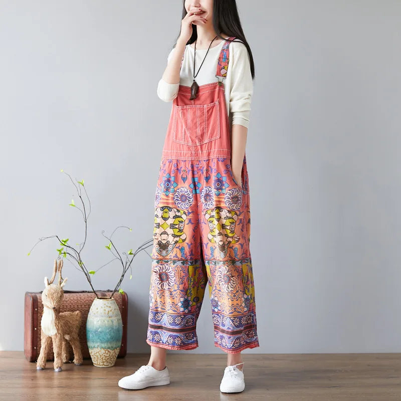 Suspenders Overalls Women Denim Jumpsuits Slim Mom Jeans One Piece Wide Leg Long Pants High Waist Rompers Y2k Streetwear Print