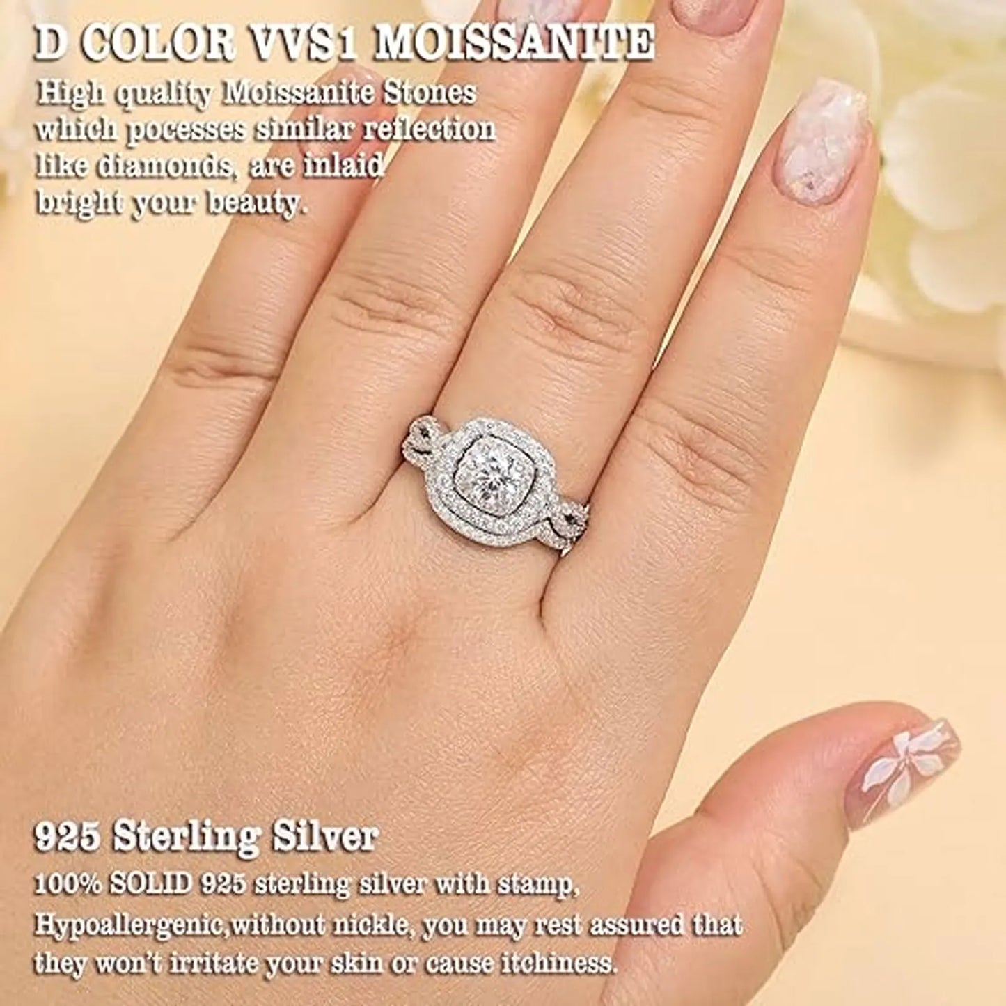 Newshe 2Pcs Halo Round Cut Moissanite Wedding Ring Set for Women Solid 925 Sterling Silver Zircons Luxury Bridal Rings