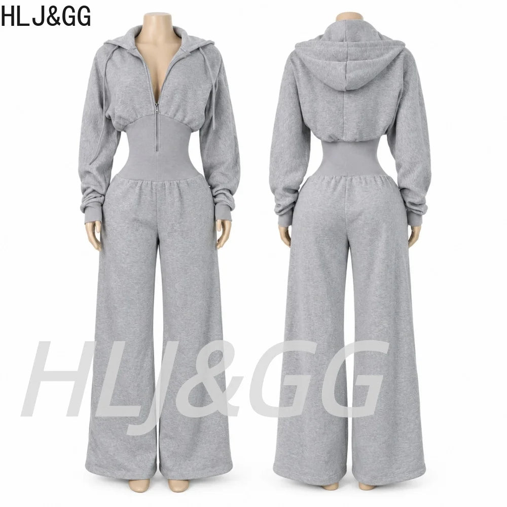 HLJ&GG Autumn Light Fleece Hooded Wine Leg Pants One Piece Jumpsuits Women Zipper Long Sleeve High Waist Sweat Sport Sportswears