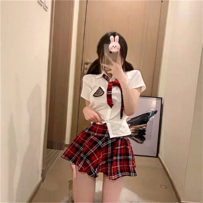 Short Sleeves Japanese School Uniform Girl Sailor Dress Red/Tibetan Blue Plaid Skirt Uniformes Korean Costumes For Girls