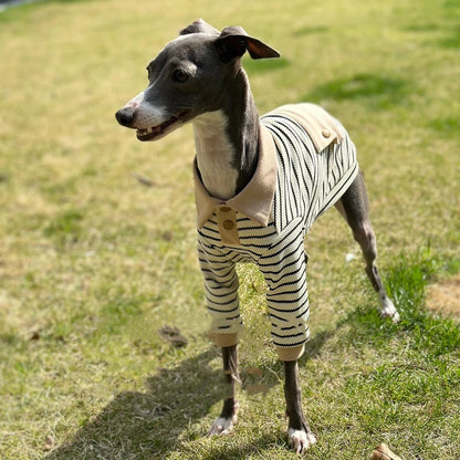 Dog Clothes in Spring Khaki Strips Polo Shirt with Pocket for Italy Greyhound Soft Long Sleeves Cotton Coat Hat Suit for Whippet