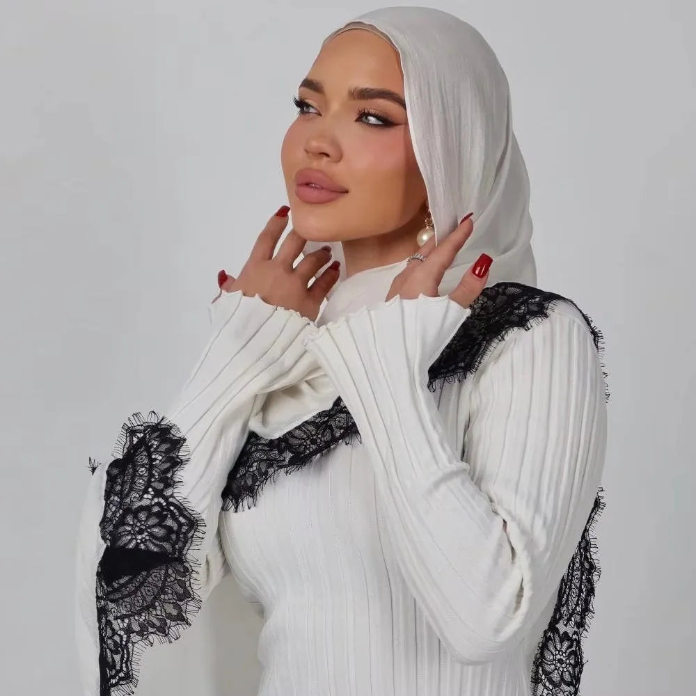 Ramadan Rayon Cotton Modal Hijab Scarf Lace L Edge Splicing Turban Breathable Shawl Cotton Plain Scarf Headscarf Women Hijabs