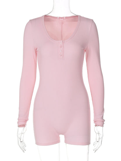 Hugcitar Spring Ribbed Solid Square Collar Long Sleeve Buttons Sexy Bodycon Skinny Playsuit Women Casual Romper Streetwear Sport