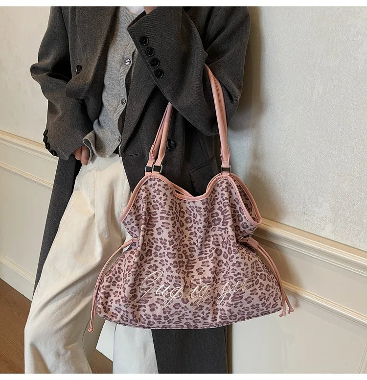 Brand Women's Shoulder Bag Y2k Fashion Sweet Polka Dot Handbag Korean Casual Versatile Leopard Print Brown Frosted Tote Bags