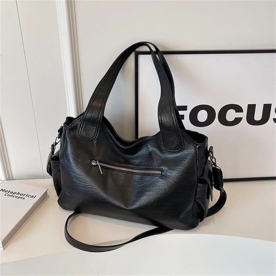 New Large Capacity Soft Leather Women's Handbag Fashion Trend Designer Women Shoulder Bag Simple Retro Female Travel Bags Sac