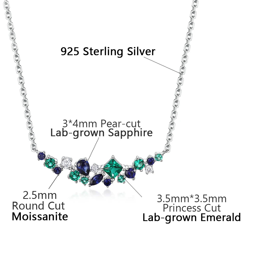XCY Mixed Cut Lab Sapphire Emerald Moissanite Necklace for Women 925 Silver Curved Cluster Pendant Anniversary Fine Jewelry Gift