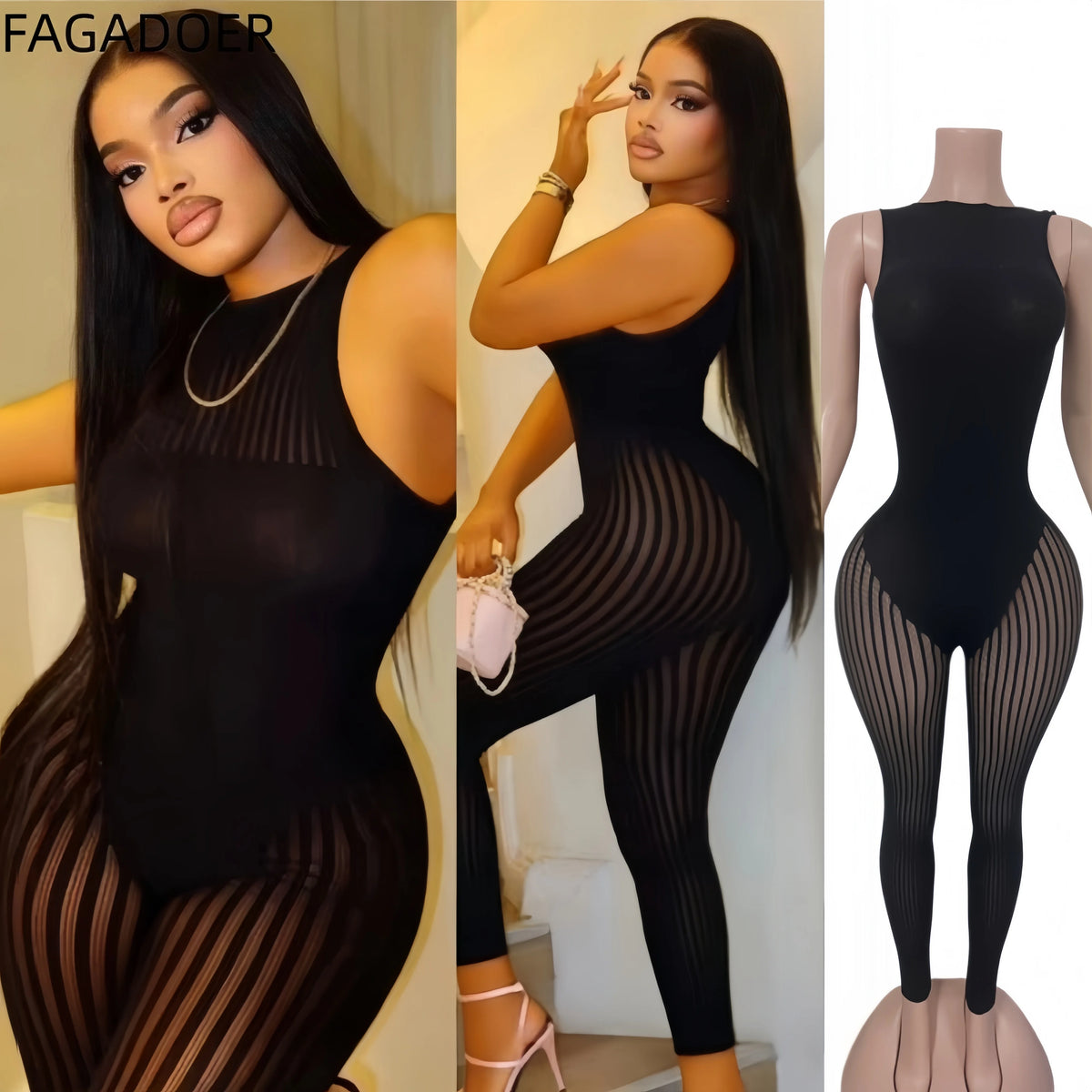 FAGADOER Sexy Mesh See Through Black Jumpsuits Hot Girl Back Hollow Out Patchwork  Bodycon Rompers Night Party Club Playsuits