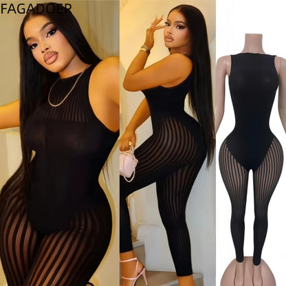 FAGADOER Sexy Mesh See Through Black Jumpsuits Hot Girl Back Hollow Out Patchwork  Bodycon Rompers Night Party Club Playsuits