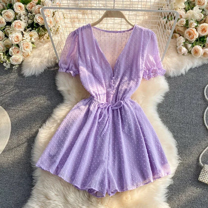 2025 Summer Women Playsuit Polka Dot See Through Thin Beach Rompers Sexy V-neck Short Sleeve Drawstring Sash Slim Waist Overalls