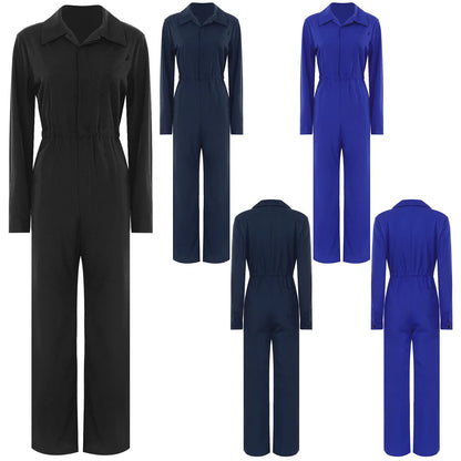 Womens Fashion Work Coverall Rompers Casual Solid Color Turn-Down Collar Long Sleeve Button Jumpsuit Travel Holiday Cargo Pants