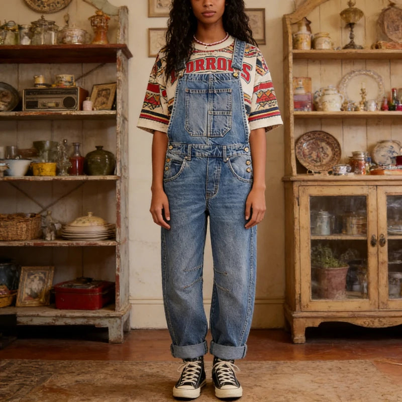 Women Overalls Jumpsuits Jeans One Piece Trousers Vintage Washed Distressed Denim Straight Cargo Pants Streetwear Suspenders