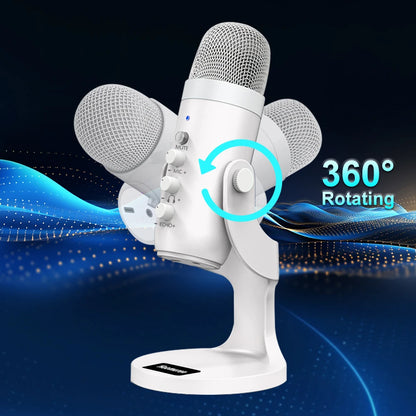 Professional White USB Condenser Microphone Studio Recording Mic for PC Computer Phone Gaming Streaming Podcast Vocals Youtube