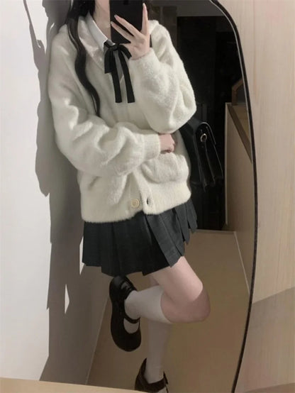 2025 New Japanese College Style Casual Loose Fitting Mink Fur Cardigan Jacket JK Trendy Skirt