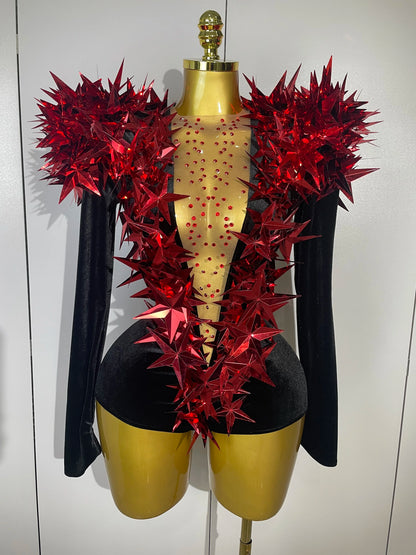 2025 New Shiny Black Rhinestone Velvet Long Sleeve Bodysuit Women Evening Party Club Gala Hosts NightClub Bar Stage Costumes
