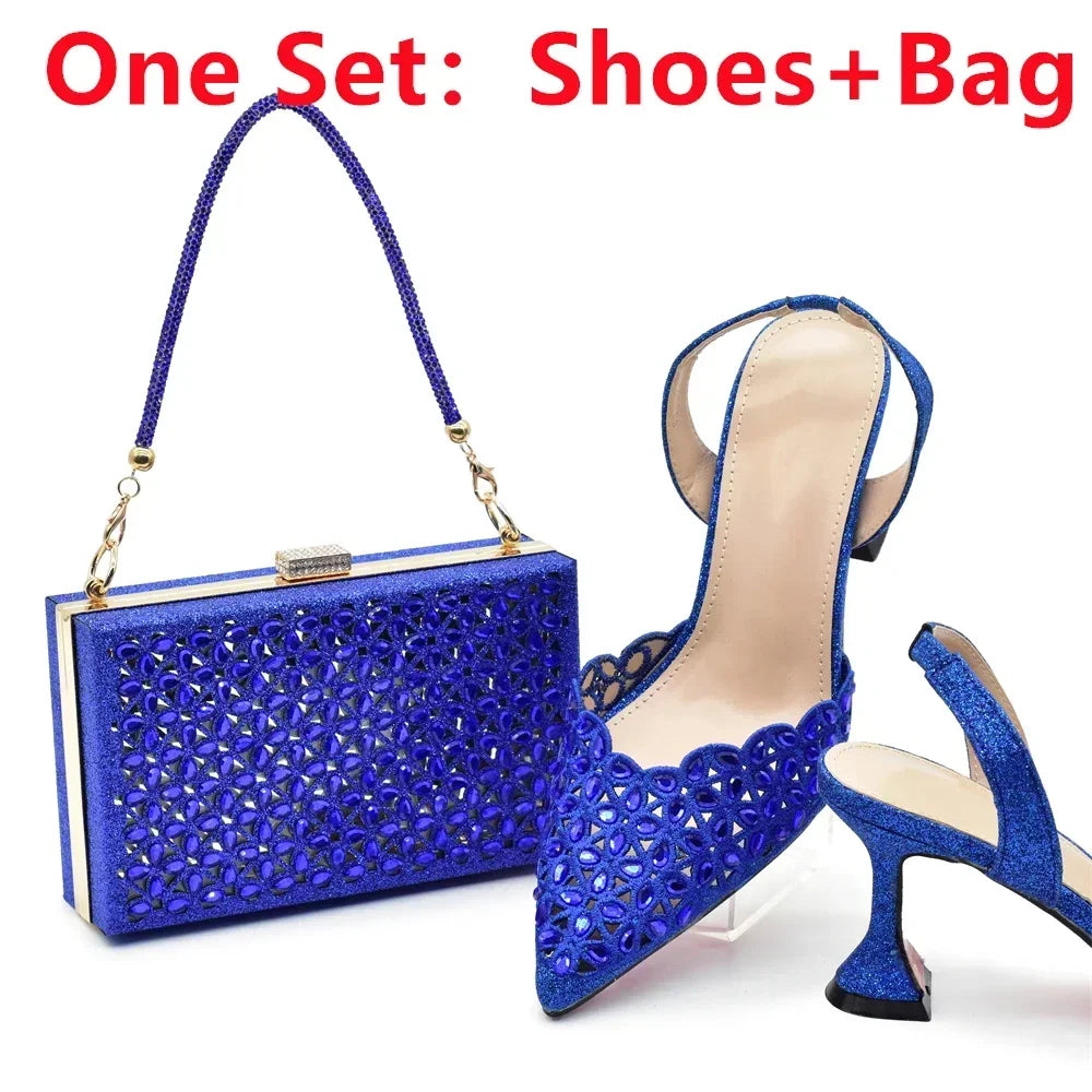 New Arrival Shoe and Bag Set Italian Design Nigeria Party Shoes and Bags for Women Rhinestone Luxury High Heels Woman Pumps