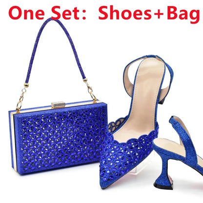 New Arrival Shoe and Bag Set Italian Design Nigeria Party Shoes and Bags for Women Rhinestone Luxury High Heels Woman Pumps