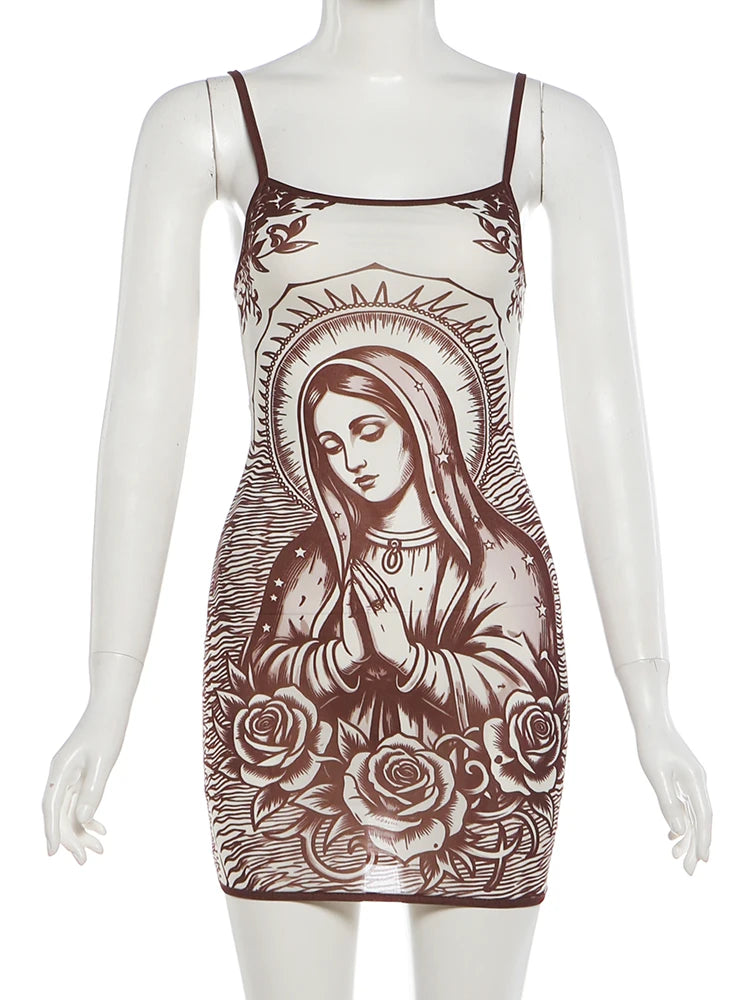Sisterlinda See Through Dress Women Art Print Low-Neck Skinny High Elasticity Sexy Midnight Summer New Trend Hottie Mini Bodycon