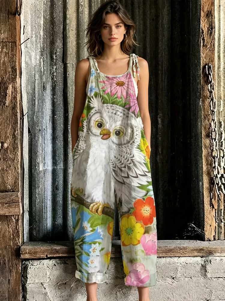 New Women Casual Sleeveless Spaghetti Strap Jumpsuits Cute Owl Floral Full Print Loose Baggy Wide Leg Overalls Bohemian Vintage