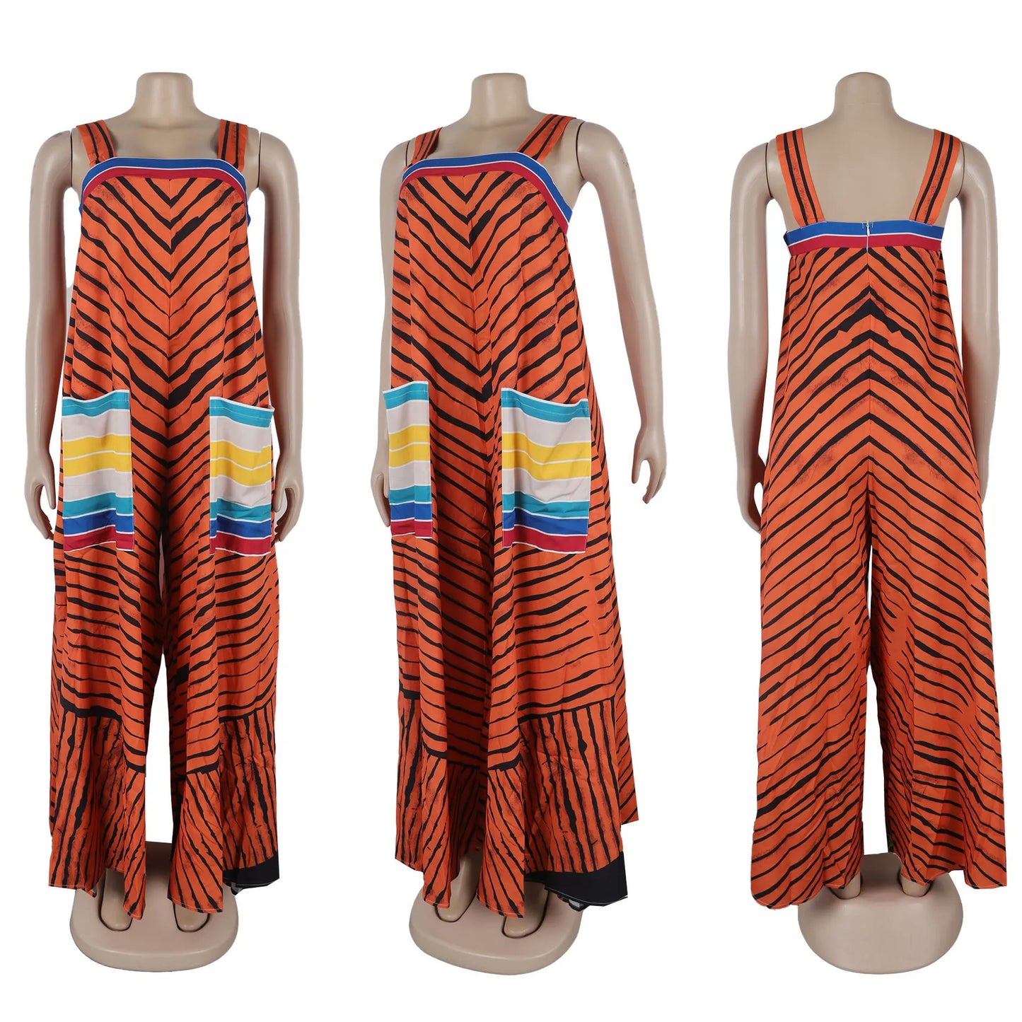 Jumpsuits Women Sling One Piece Print Striped Sleeveless Overalls Wide Leg Long Pants Loose Casual Rompers Elegant Splice