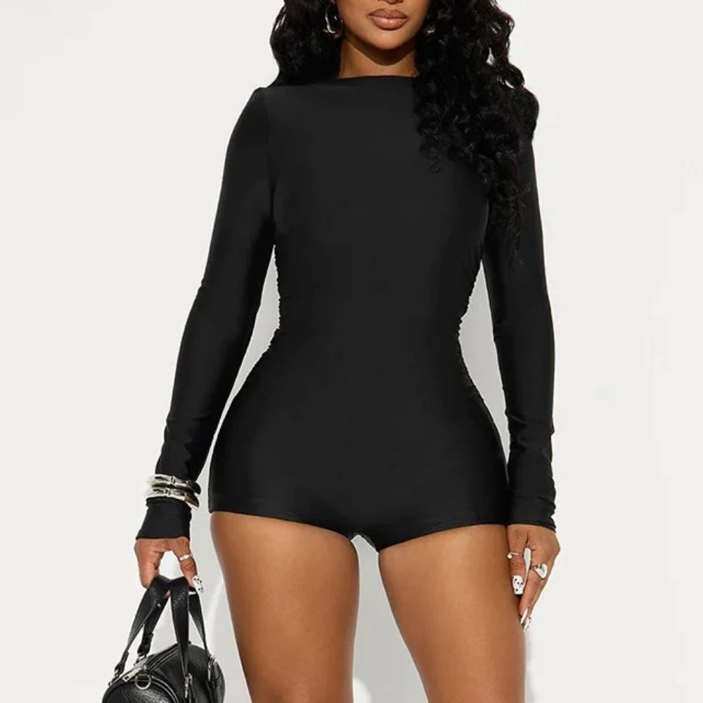 Sexy Solid Color Bodycon Rompers for Woman Round-neck Long Sleeve Elasticity Jumpsuit  Female Streetwear Overalls 2025