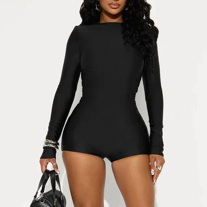 Sexy Solid Color Bodycon Rompers for Woman Round-neck Long Sleeve Elasticity Jumpsuit  Female Streetwear Overalls 2025