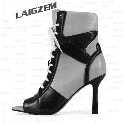LAIGZEM Women Ankle Boots Patchwork Peep Toe Thin High Heels Boots Lace up Short Boos Ladies Handmade Shoes Woman Size 39 41 43