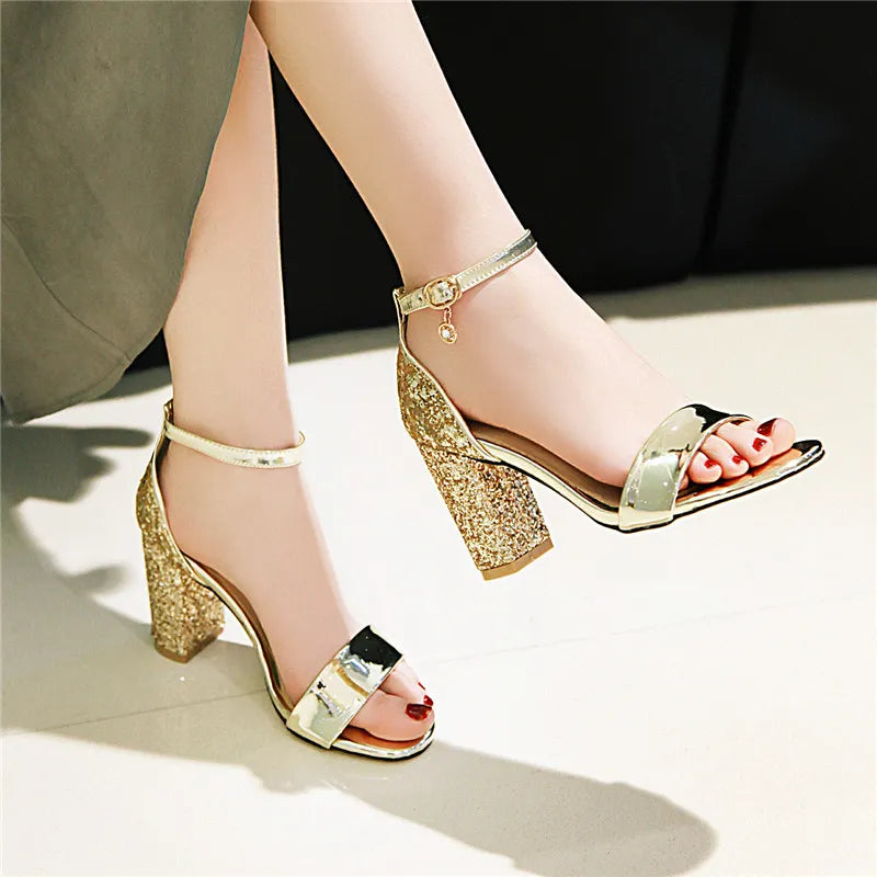 Luxury Silver Gold Summer Sandals for Women Elegant Block High Heels Flip Flop Sequined Party Wedding Shoes Ladies Large Size 45