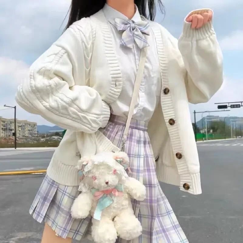 School Autumn Winter Lazy Style Japanese JK Knit Cardigan Loose College Sweater Plaid Skirt Matching Set For Campus Daily Class