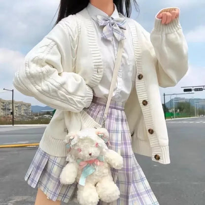 School Autumn Winter Lazy Style Japanese JK Knit Cardigan Loose College Sweater Plaid Skirt Matching Set For Campus Daily Class