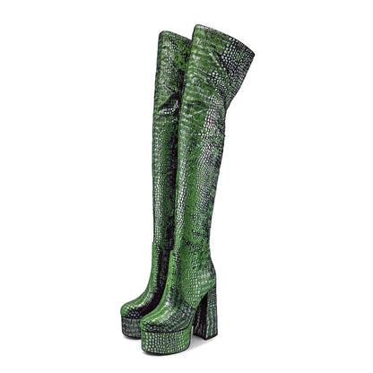 15CM Chunky Heel Platform Woman Over-the-knee Snake Pattern Boots Wild T Show Shoes Sexy Slimming Stretch Thigh Boots For Women