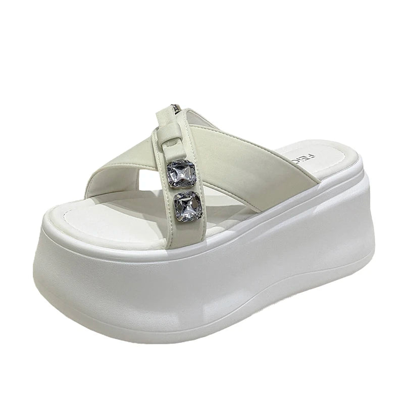 Summer Women's Luxury Rhinestone Bow Platform Wedge Slides Sandals Height Increasing Cross Open Toe Casual Beach Slippers Shoes