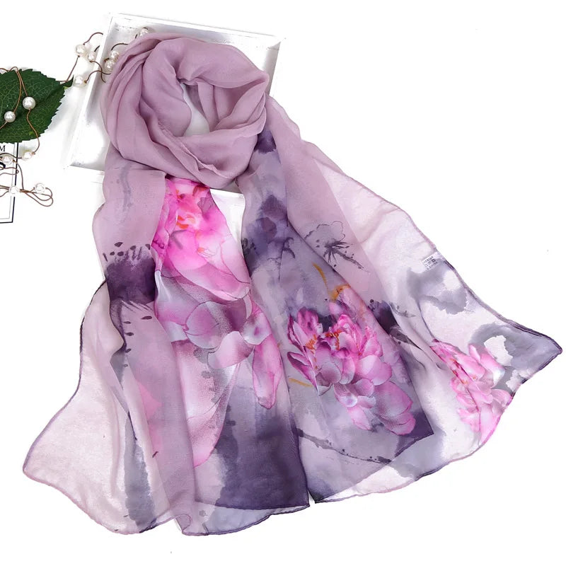 Ink Painting Lotus Summer Beach Sun Protection Chiffon Georgette Scarf Women Foulard Shawl Bandana Elegant Thin Breathable