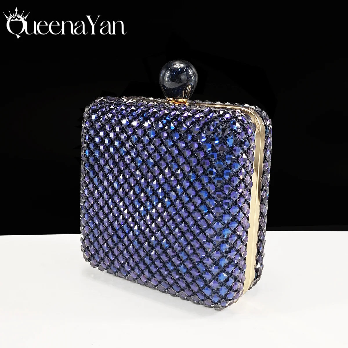 Queena Yan 2026 Italian Design Rhinestone Luxury Navy Blue Pointed Toe Shoe & Bag Set Women High Heels for Parties High Quality