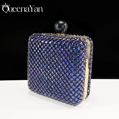 Queena Yan 2026 Italian Design Rhinestone Luxury Navy Blue Pointed Toe Shoe & Bag Set Women High Heels for Parties High Quality