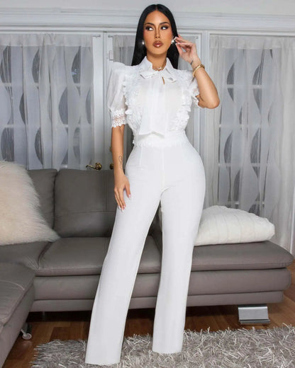 Patchwork Wide Leg Party Jumpsuit Sexy Women Turn Down Collar Elegant Lace Night Club Romper Overalls
