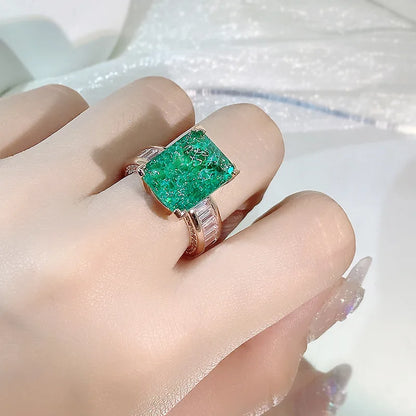 925 Silver Plated Exquisite Blue Green Moissanite Ring Fire Sparkling Luxury Open Ring Female Party Birthday Jewelry Gift