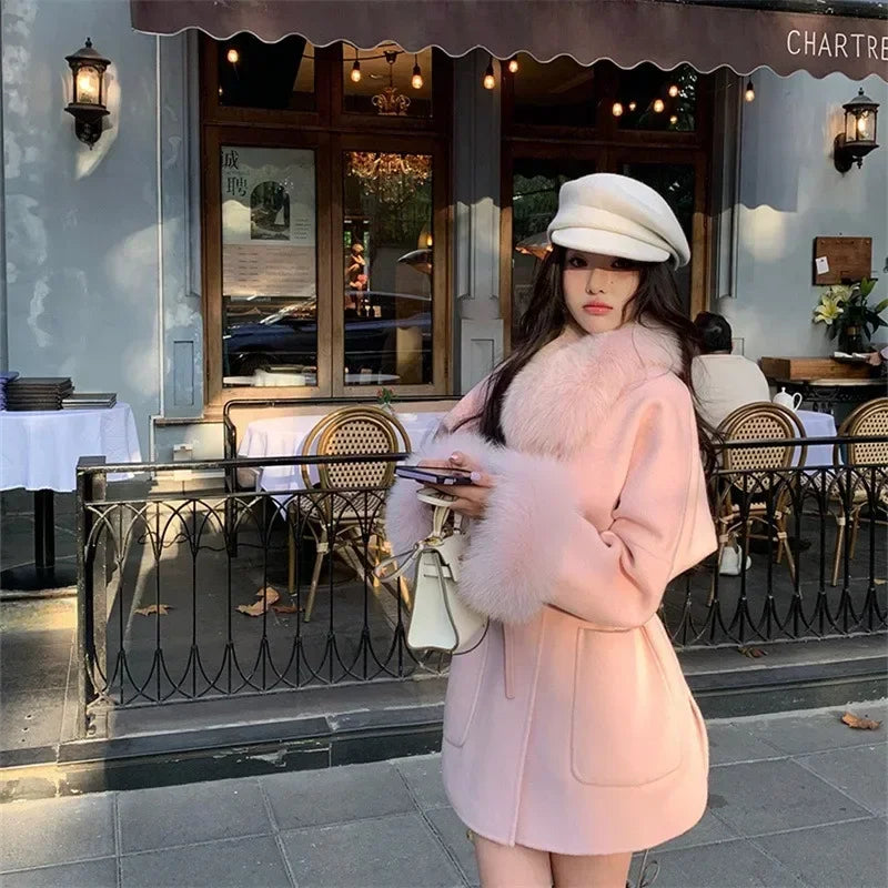 ORTBUY Autumn Winter New Fur Coat  Fox Fur Collar Jacket Female Double-sided Woolen Coat Small Double-sided Cashmere Coat Women