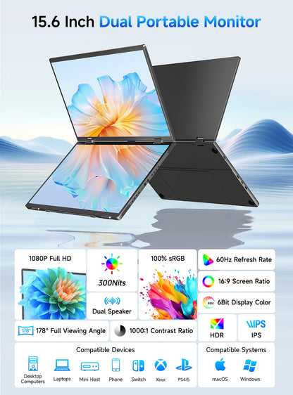 UPERFECT 15.6" Stacked Foldable Dual Monitor FHD 100% SRGB Laptop Screen Extender IPS HDR Travel Portable Monitor for Laptop PC Windows Mac OS Built-in Kickstand