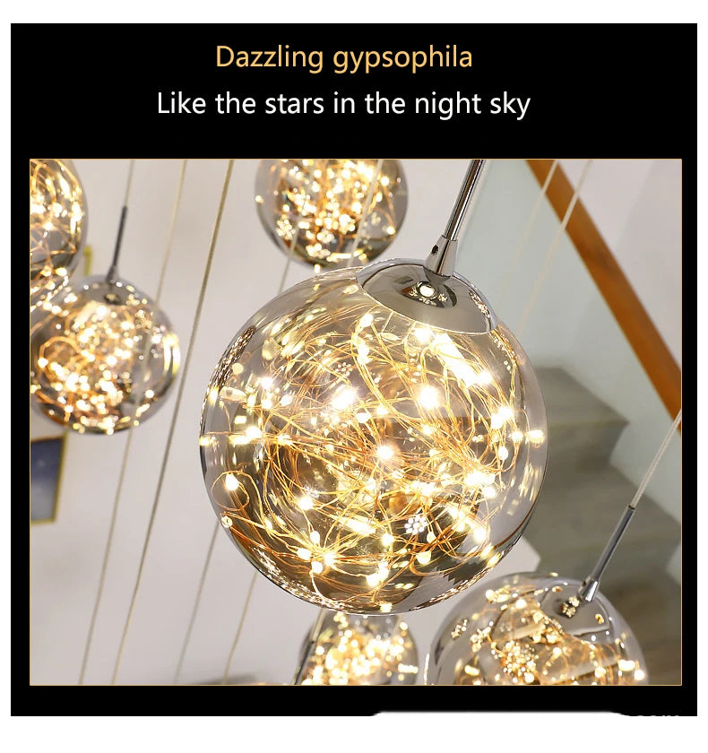 Modern LED Chandelier Glass Ball Dimmable Pendant Lamp for Staircase Living Room Home Decor Suspension Lighting Design Lusters