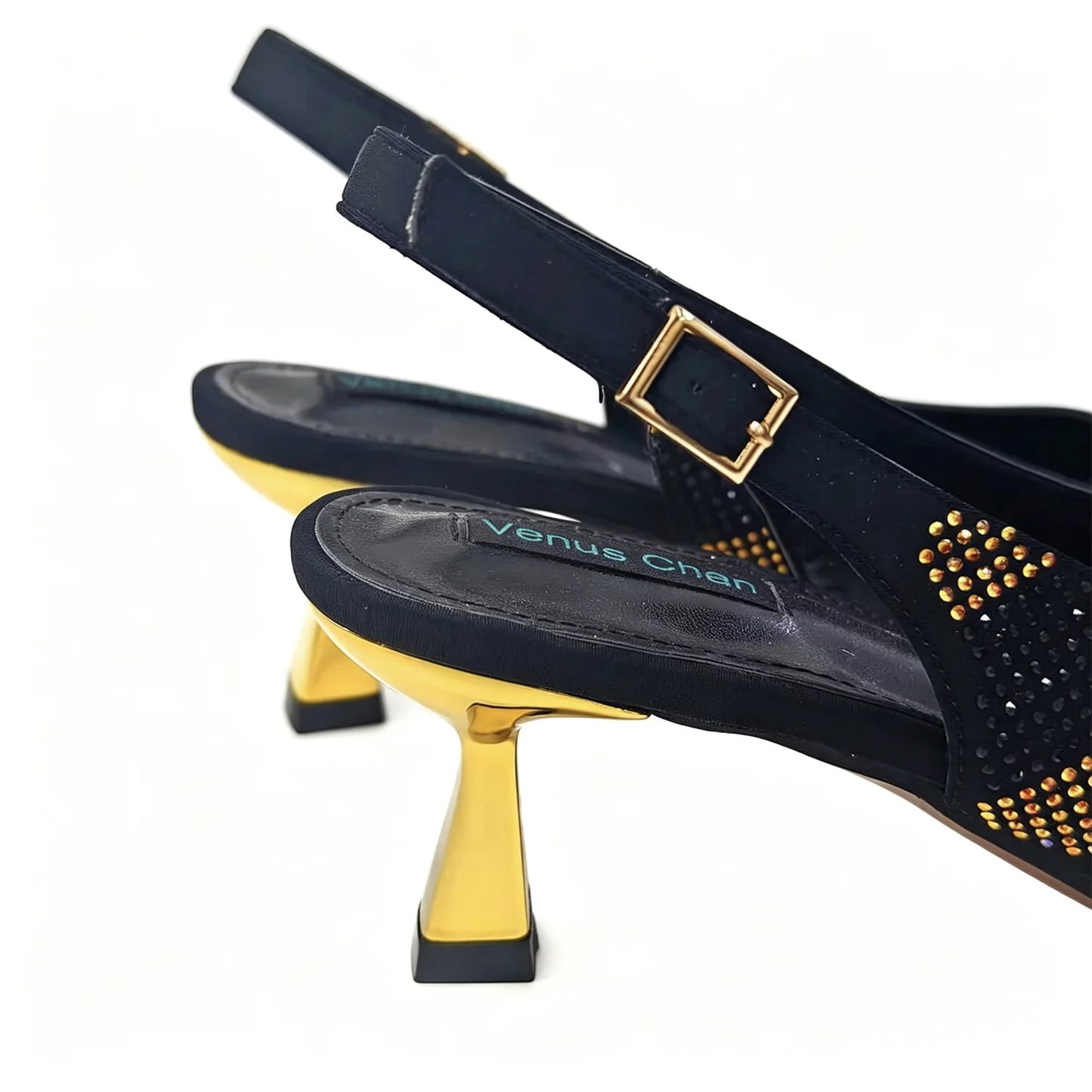 Women Black Gold Rhinestone Slingback Heels Matching Clutch Bag Set Luxury Crystal Flower Pointed Toe Kitten Heel Sandals