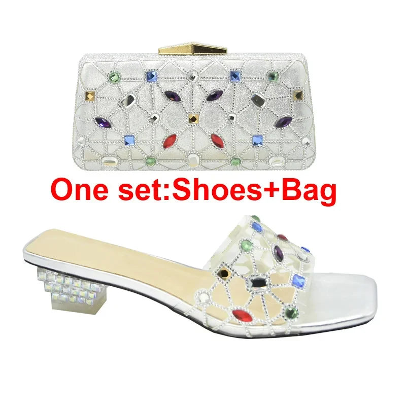 New Arrival Open Toe Shoes Clear Heels for Women Transparent Rhinstone Wedding Shoes Bride Women Shoe and Bag Set with Diamonds