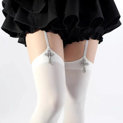 Personality Cross Decoration Women Suspender Socks Solid Color Thin Thigh High Lolita Anime Cosplay Gothic Over Knee Stockings