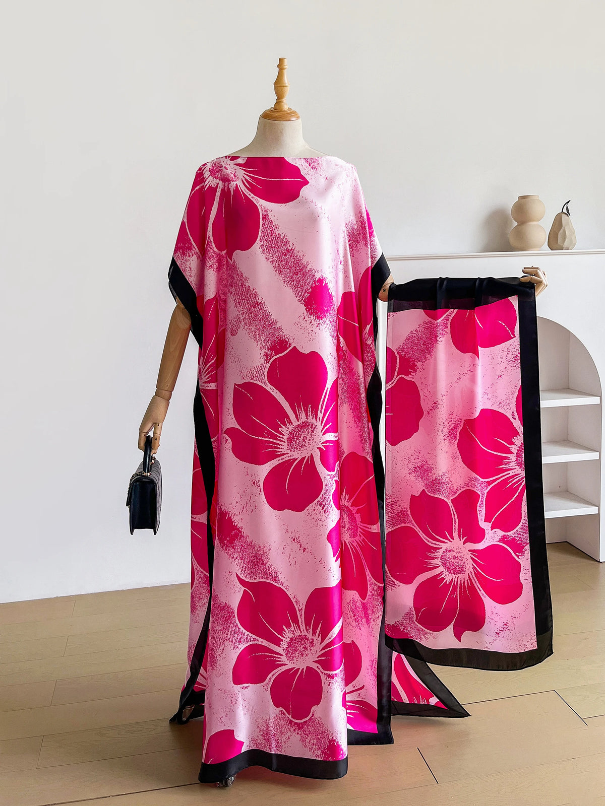 Summer Boho Floral Print Abaya With Scarf, Loose Batwing Maxi Kaftan For African Muslim Women Beach Holiday Wear