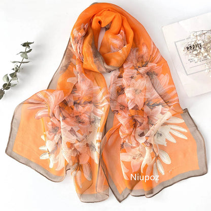 Gradient Lily Print Pretty Women Elegant Chiffon Georgette Bandana Scarf Summer Beach Sunscreen Thin Shawl