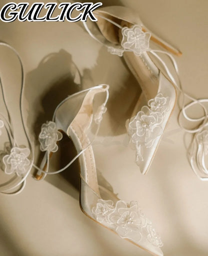 Bridal Blossom Air Mesh Heeled Sandals Shallow Lace Up Wedding Elegant High Heels Pointy Toe White Women Luxury Flower New Shoes