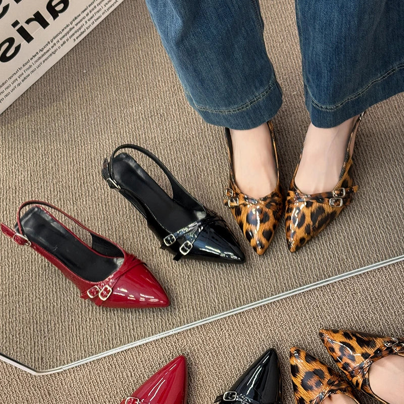 Women's Sandals Leopard Sexy High Heels Shoes Pointed Toe Luxury Pumps Slippers Woman Brand Dress Buckle Ladies De Flip Flops