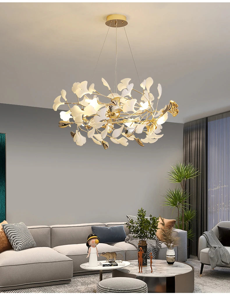 Modern Ceramics Chandeliers Home Ginkgo Biloba Decoration Villa Living Room Lighting Pendant Lamps Indoor Hanging Lights Fixture